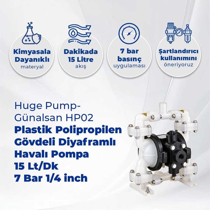 Huge Pump-Günalsan HP02 Plastik Polipropilen Gövdeli Diyaframlı Havalı Pompa 15 Lt/Dk 7 Bar 1/4 inch Teflon