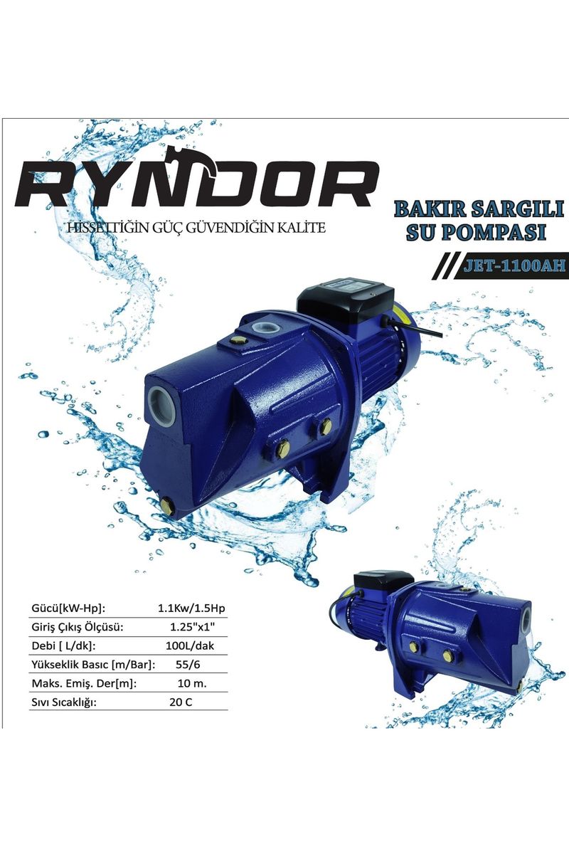 Ryndor JET-1100AH Jet Pompa 1,5 HP, Bakır Sargılı, 55 m 100 L/dk