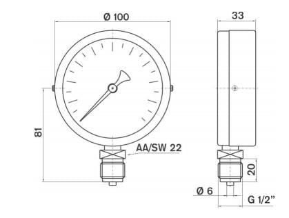 Pakkens 0-1.6 Bar 100 mm Alttan Bağlantılı Kuru Manometre G 1/2 inç