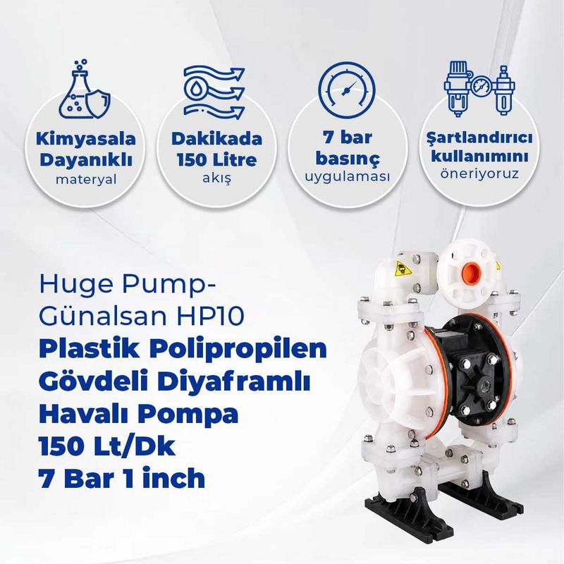 Huge Pump-Günalsan HP10 Plastik Polipropilen Gövdeli Diyaframlı Havalı Pompa 150 Litre/Dakika 7 Bar 1 inch Teflon/Viton