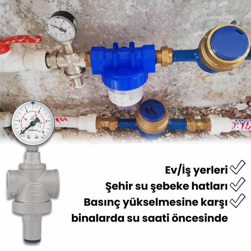 Pakkens 1/2 inç Basınç Düşürücü, Basınç Regülatörü Manometreli 15 Bar