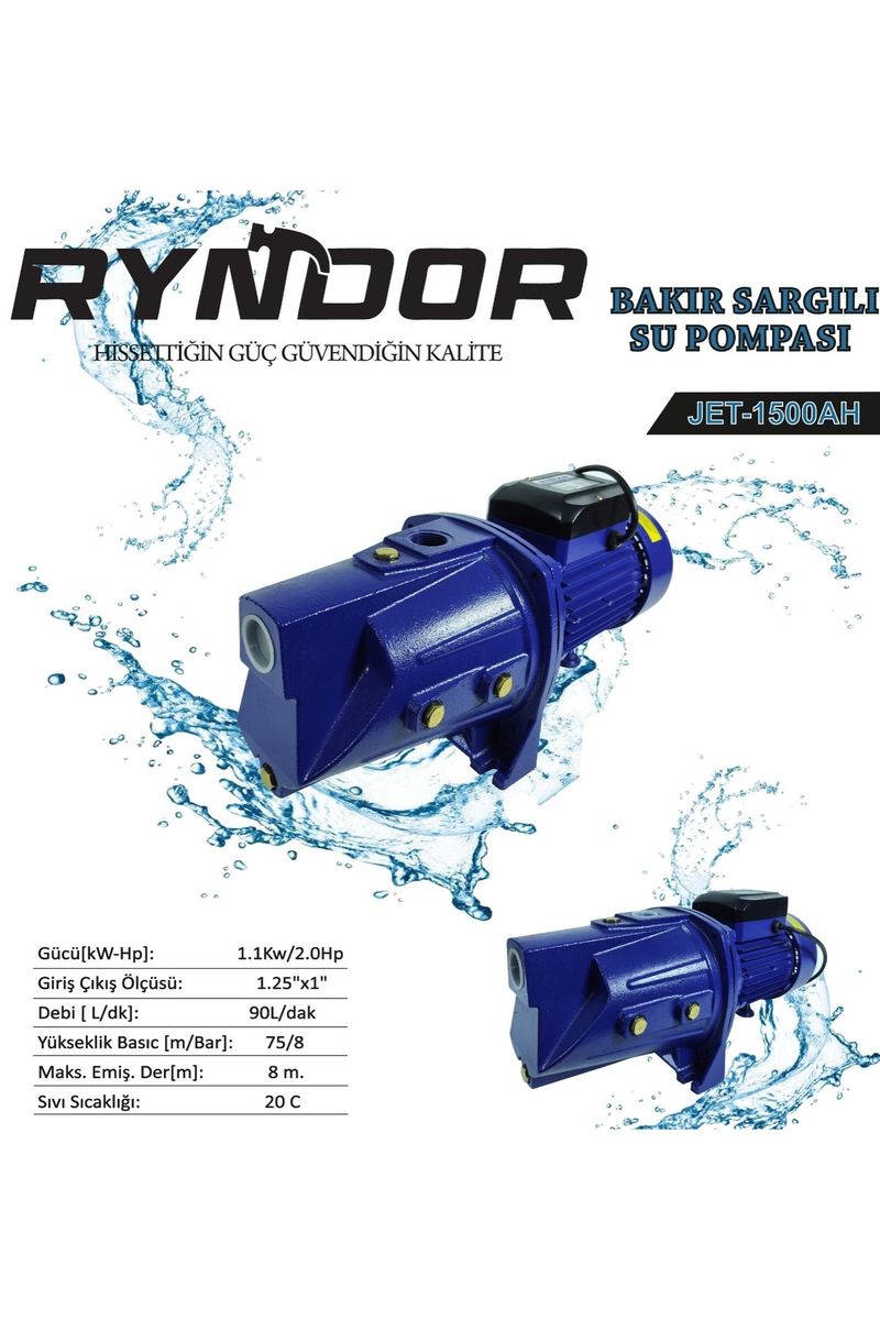 Ryndor JET-1500AH Jet Pompa 2 HP, Bakır Sargılı, 75 m 90 L/dk