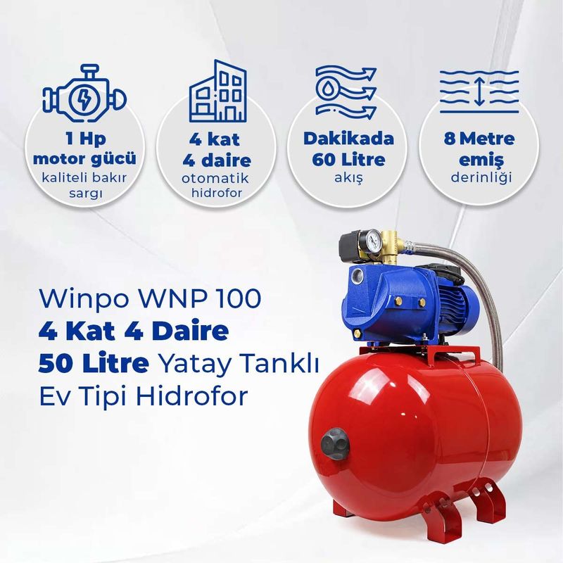 Winpo WNP 100 4 Kat 4 Daire Hidrofor, 50 Litre Yatay Tanklı Hidrofor, Ev Tipi Hidrofor