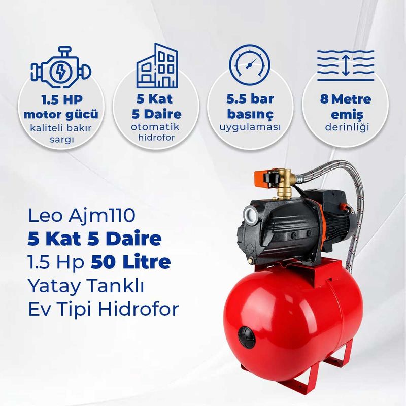 Leo Ajm110 5 Kat 5 Daire 1.5 Hp Hidrofor, 50 Litre Yatay Tanklı Hidrofor, Ev Tipi Hidrofor