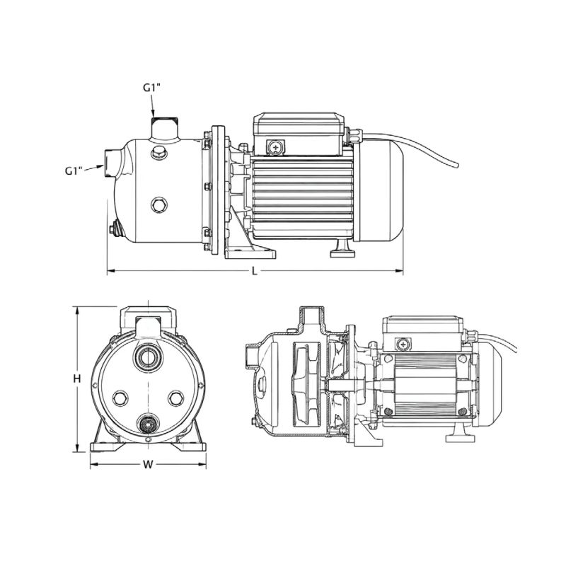 Kentaş SGJ800 Paslanmaz Çelik Gövdeli Jet Pompa 1 HP — teknik çizim ve ölçüler