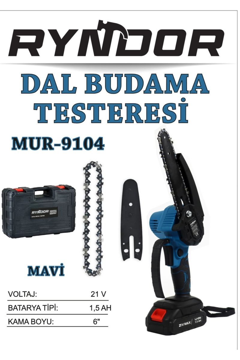 Ryndor MUR-9104 Akülü Dal Budama Testeresi 21 V 1,5 Ah, 6" Pala