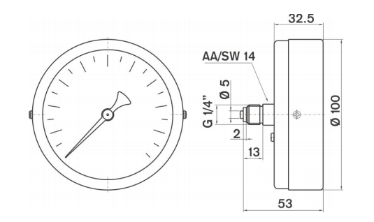 Pakkens 0-100 Bar 100 mm Arkadan Bağlantılı Kuru Manometre G 1/4 inç