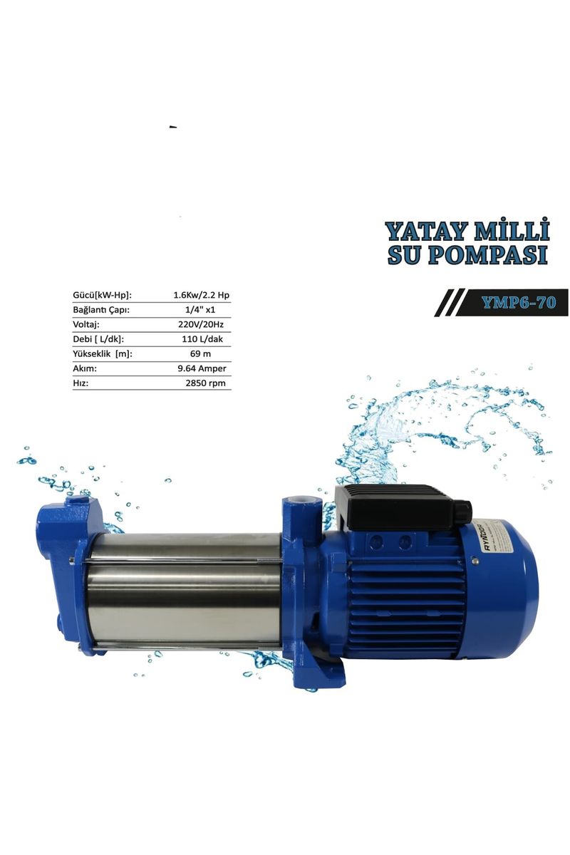 Ryndor YMP6-70 Yatay Milli Kademeli Pompa 2,2 HP 220 V, 69 m 110 L/dk