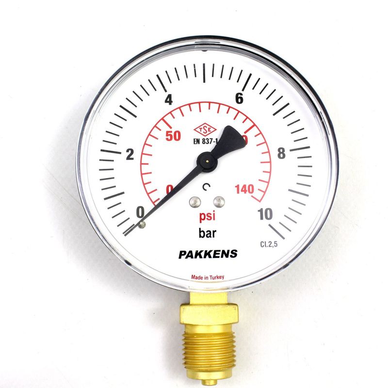 Pakkens 0-10 Bar 160 mm Alttan Bağlantılı Kuru Manometre G 1/2 inç
