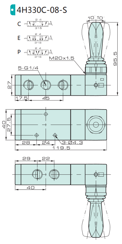 Jelpc 4H330 Pnömatik Yön Kontrol Valfi 5/3 Kol Kumandalı 08-1/4'' - Kapalı Merkez - (L) Kremayerli
