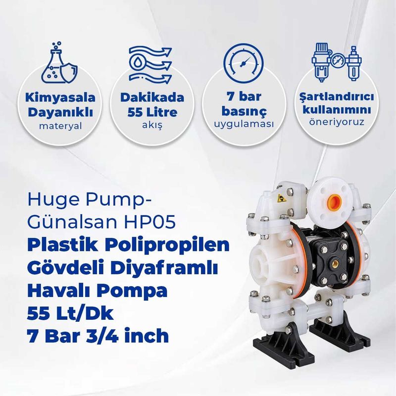 Huge Pump-Günalsan HP05 Plastik Polipropilen Gövdeli Diyaframlı Havalı Pompa 55 Litre/Dakika 7 Bar 3/4 inch Teflon/Viton