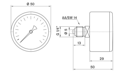 Pakkens 0-40 Bar 50 mm Arkadan Bağlantılı Kuru Manometre G 1/8 inç