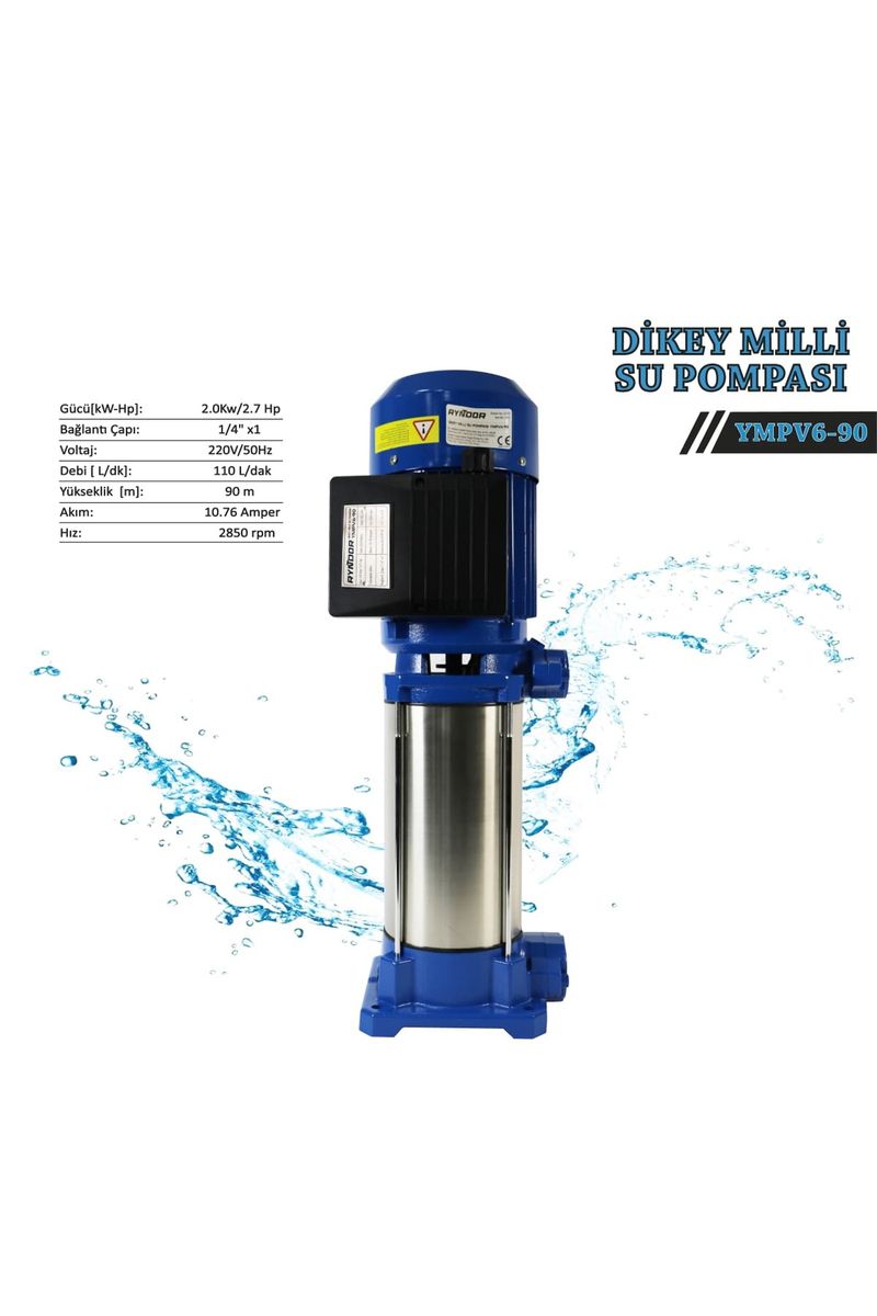 Ryndor YMPV6-90 Dik Milli Kademeli Pompa 2,7 HP 220 V, 90 m 110 L/dk