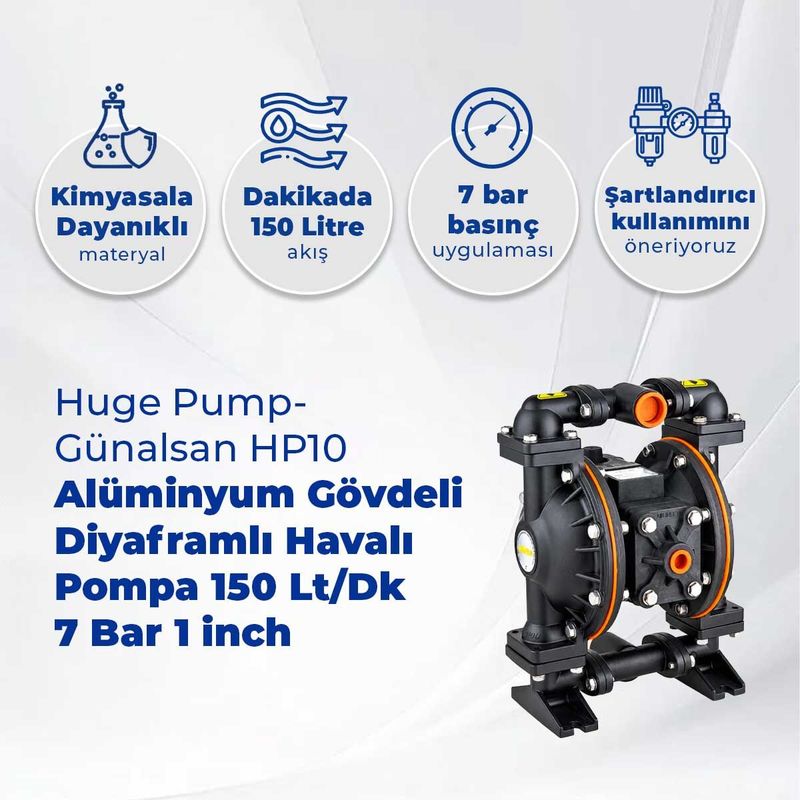 Huge Pump-Günalsan HP10 Alüminyum Gövdeli Diyaframlı Havalı Pompa 150 Litre/Dakika 7 Bar 1 inch Buna-N