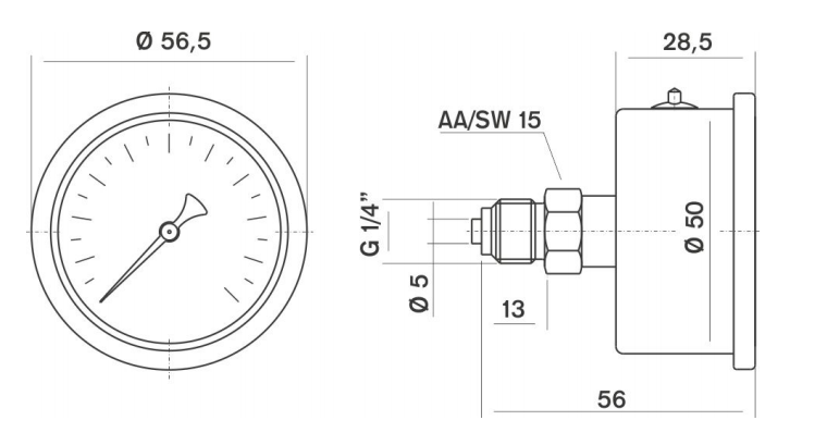 Pakkens 0-10 Bar 50 mm Arkadan Bağlantılı Gliserinli Manometre G 1/4 inç