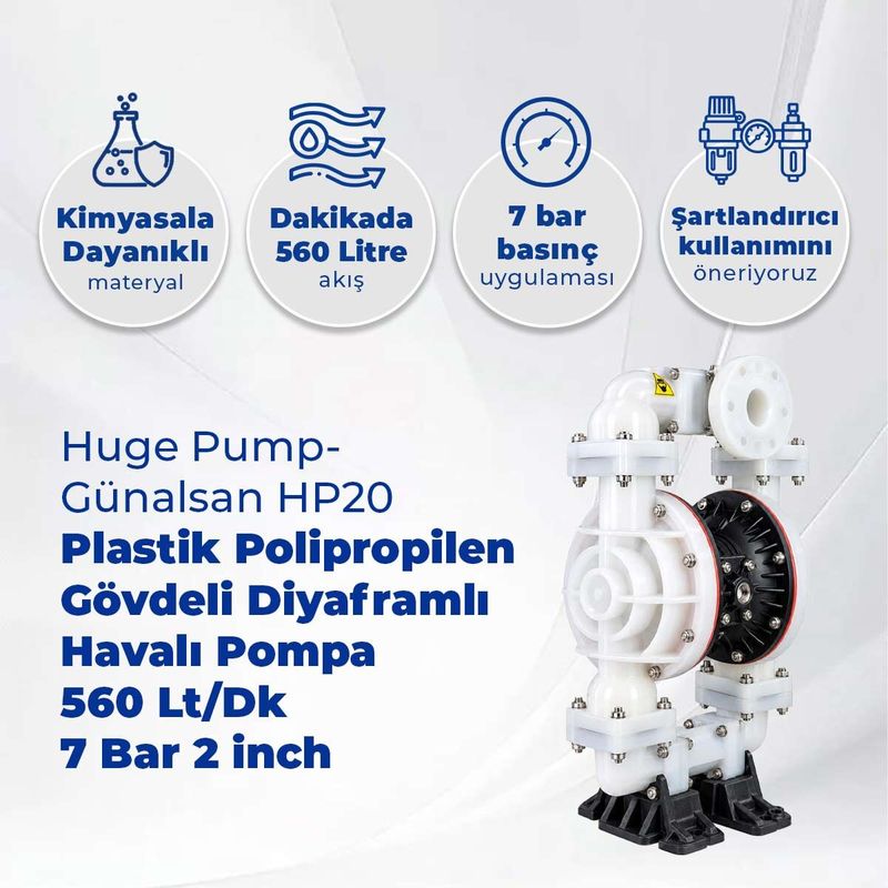 Huge Pump-Günalsan HP20 Plastik Polipropilen Gövdeli Diyaframlı Havalı Pompa 560 Litre/Dakika 7 Bar 2 inch Teflon/Viton