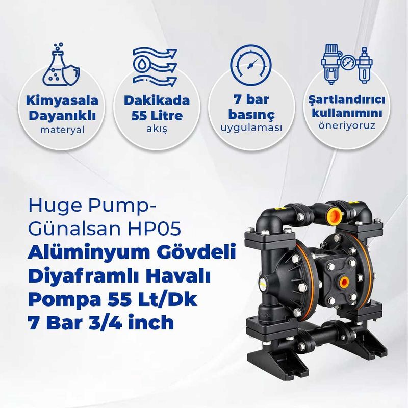 Huge Pump-Günalsan HP05 Alüminyum Gövdeli Diyaframlı Havalı Pompa 55 Litre/Dakika 7 Bar 3/4 inch Buna-N