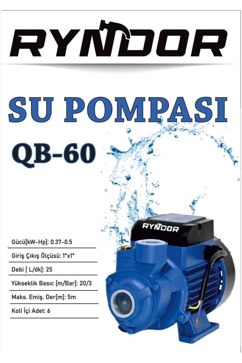 Ryndor QB-60 Periferik Pompa 0,5 HP, 20 m 25 L/dk
