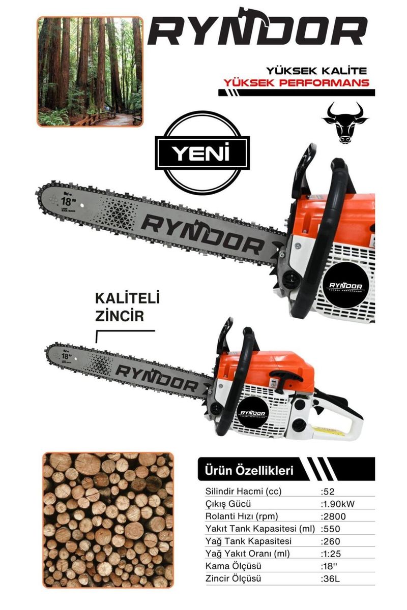 Ryndor Benzinli Ağaç Kesme Testeresi 52 cc 1,9 kW, 18" Pala