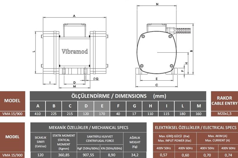 Vibramod VMA 15/900 Vibrasyon Motoru Trifaze (380V) 1500 Devir 907,54 Kgf 0.57 Kw