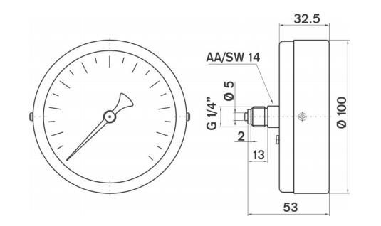 Pakkens 0-1 Bar 100 mm Arkadan Bağlantılı Kuru Manometre G 1/4 inç