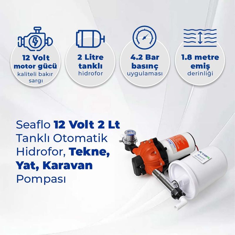 Seaflo 12 Volt 2 Lt Tanklı Otomatik Hidrofor, Tekne, Yat, Karavan Hidroforu Pompası