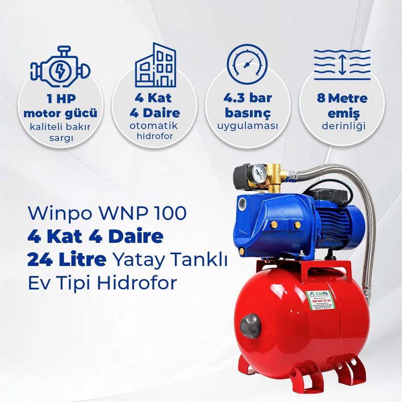 Winpo WNP 100 4 Kat 4 Daire Hidrofor, 24 Litre Yatay Tanklı Hidrofor, Ev Tipi Hidrofor