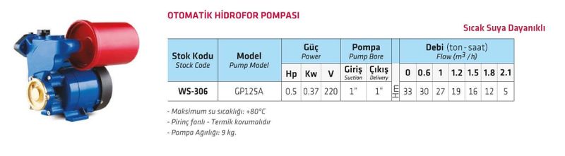 Water Sound GP125A Otomatik Sıcak Su Hidroforu 3.5 Bar 35 lt/dk