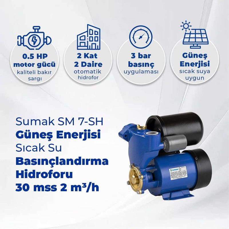 Sumak SM 7-SH Güneş Enerjisi Sıcak Su Basınçlandırma Hidroforu 30 mss 2 m³/h