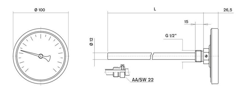Pakkens Termometre 0-350 °C Çap 100 mm Daldırma Boyu 10 cm Arkadan Bağlantılı G 1/2 inç