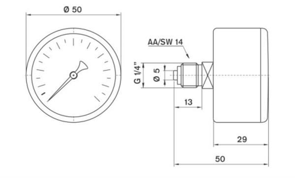Pakkens 0-16 Bar 50 mm Arkadan Bağlantılı Kuru Manometre G 1/8 inç