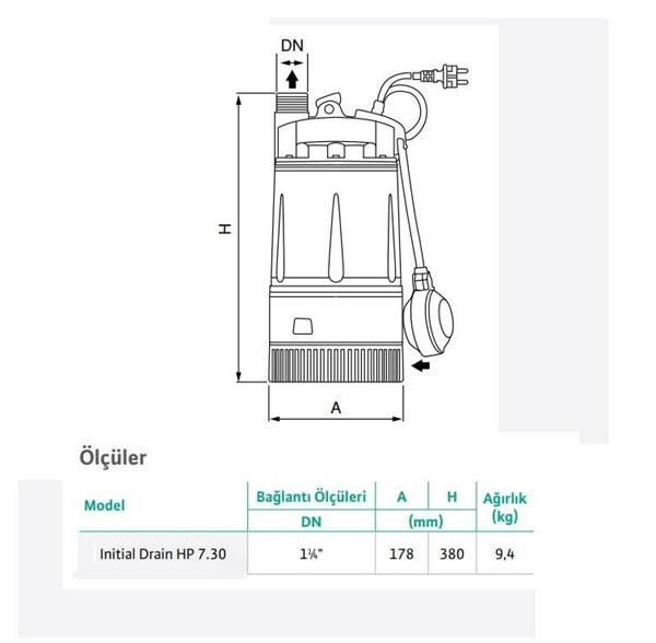 Wilo Drain HP 7.30 Yüksek Basınçlı Drenaj Dalgıç Pompa 30 mss 4.8 m³/h 220 Volt