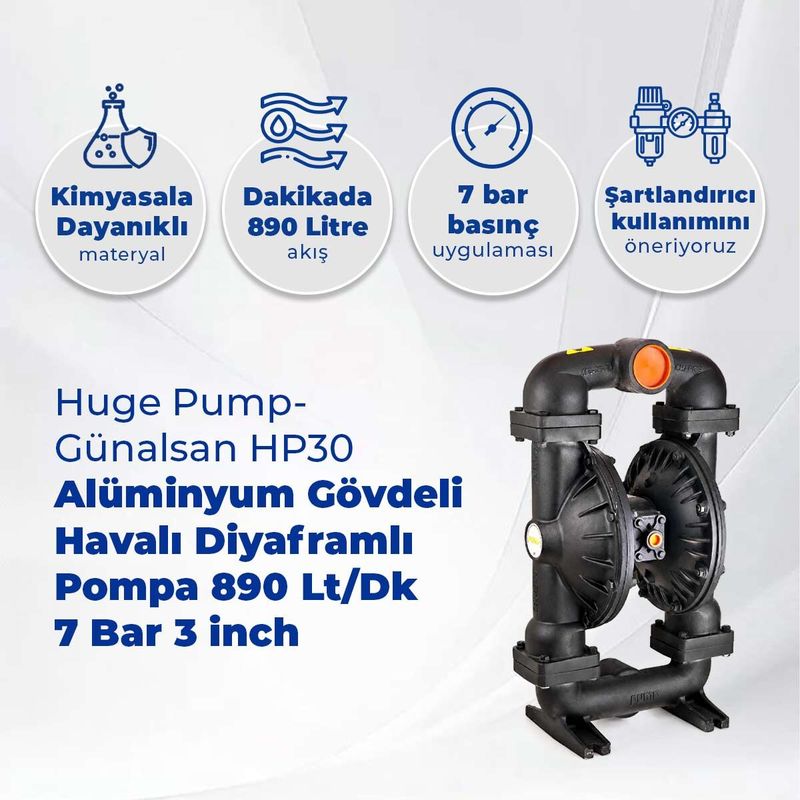 Huge Pump-Günalsan HP30 Alüminyum Gövdeli Havalı Diyaframlı Pompa 890 Litre/Dakika 7 Bar 3 inch Buna-N