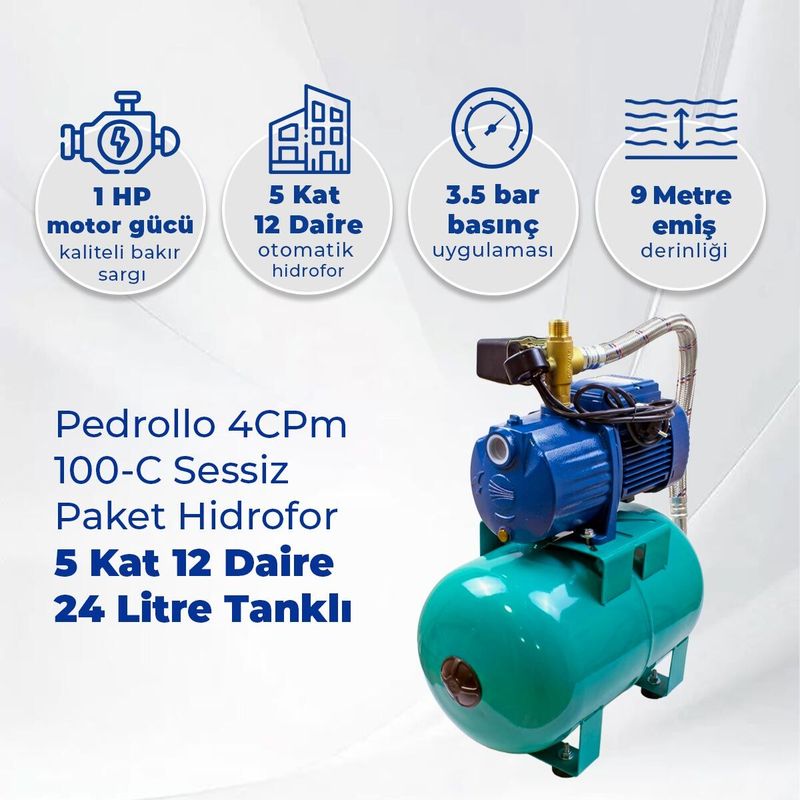 Pedrollo 4CPm 100-C Sessiz Paket Hidrofor 5 Kat 12 Daire 24 Litre Tanklı