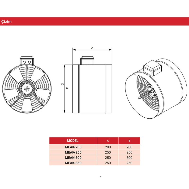 Movas MEAK-200 Aksiyal Boru Tipi Kanal Fanı 700 m³/h 2700 RPM