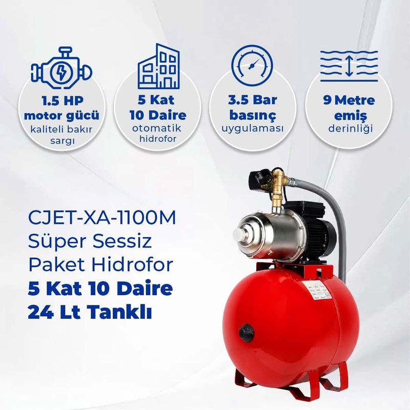 CJET-XA-1100M Süper Sessiz Paket Hidrofor 5 Kat 10 Daire 24 Lt Tanklı
