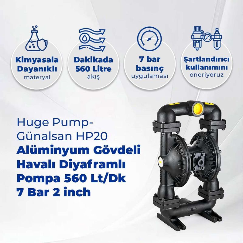 Huge Pump-Günalsan HP20 Alüminyum Gövdeli Havalı Diyaframlı Pompa 560 Litre/Dakika 7 Bar 2 inch Buna-N