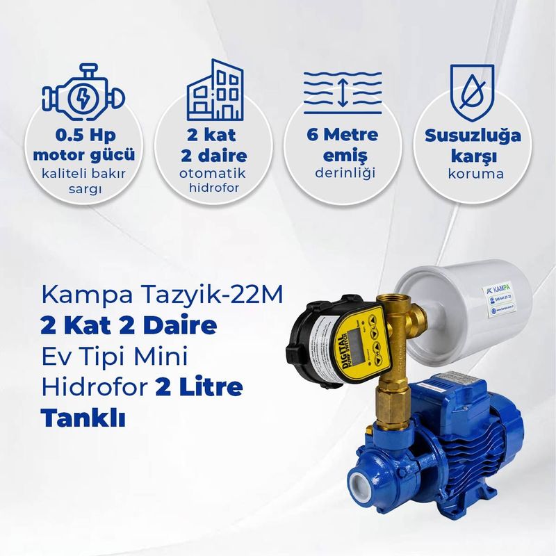 Tazyik-22M 2 Kat 2 Daire Ev Tipi Mini Hidrofor 2 Litre Tanklı