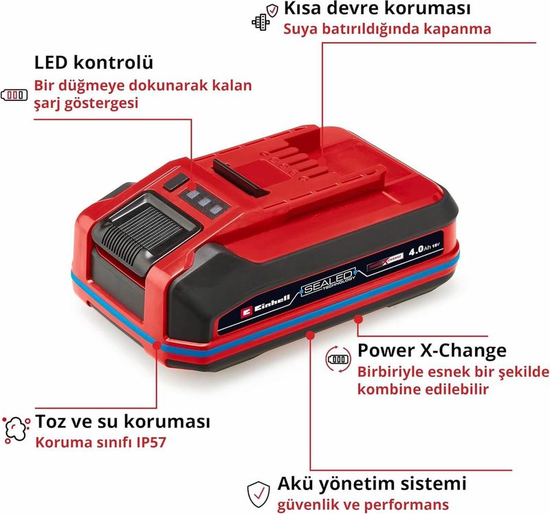 Einhell 18 V 4.0 Ah SEALED Power X-Change PLUS (Su ve toz geçirmez, IP57 koruma sınıfı, tüm Power X-Change cihazları ile uyumlu, şarj cihazı dahil değildir)