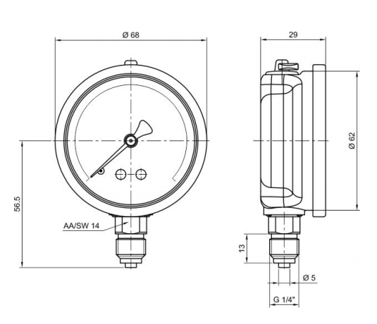 Pakkens -1/0 Bar 63 mm Alttan Bağlantılı Gliserinli Vakummetre G 1/4 inç