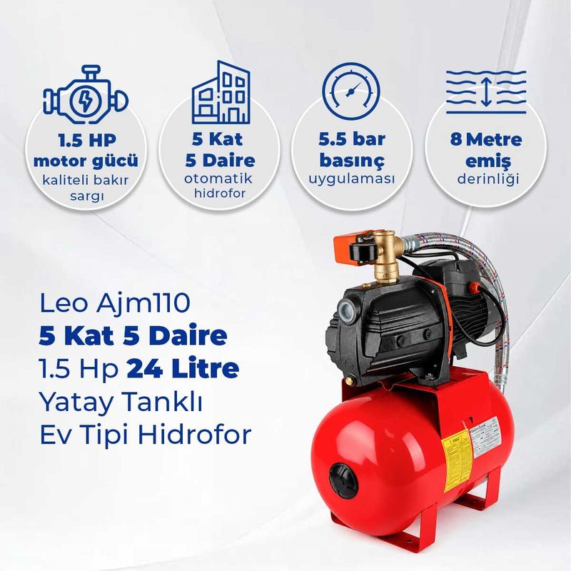 Leo Ajm110 5 Kat 5 Daire 1.5 Hp Hidrofor, 24 Litre Yatay Tanklı Hidrofor, Ev Tipi Hidrofor
