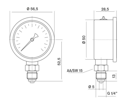Pakkens 0-25 Bar 50 mm Alttan Bağlantılı Gliserinli Manometre G 1/4 inç
