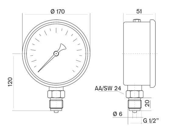 Pakkens 0-10 Bar 160 mm Alttan Bağlantılı Gliserinli Manometre G 1/2 inç