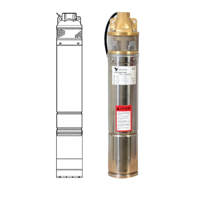 Kentaş 4SKM100 4" Sürtme Fanlı Derin Kuyu Dalgıç Pompa 1 HP 220V — teknik çizim ve ölçüler
