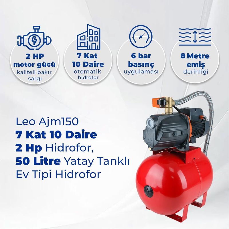 Leo Ajm150 7 Kat 10 Daire 2 Hp Hidrofor, 50 Litre Yatay Tanklı Hidrofor, Ev Tipi Hidrofor