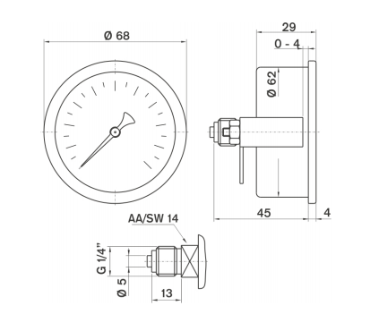 Pakkens 0-315 Bar 63 mm Arkadan Bağlantılı Panotipi Kuru Manometre G 1/4 inç