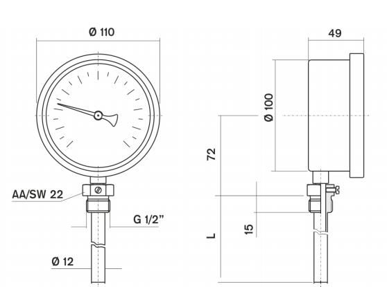 Pakkens Termometre 0-400 °C Çap 100 mm Daldırma Boyu 10 cm Alttan Bağlantılı G 1/2 inç