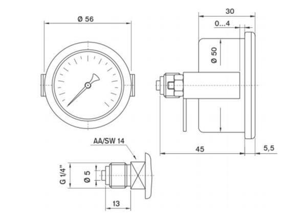 Pakkens 0-2.5 Bar 50 mm Panotipi Arkadan Bağlantılı Kuru Manometre G 1/8 inç