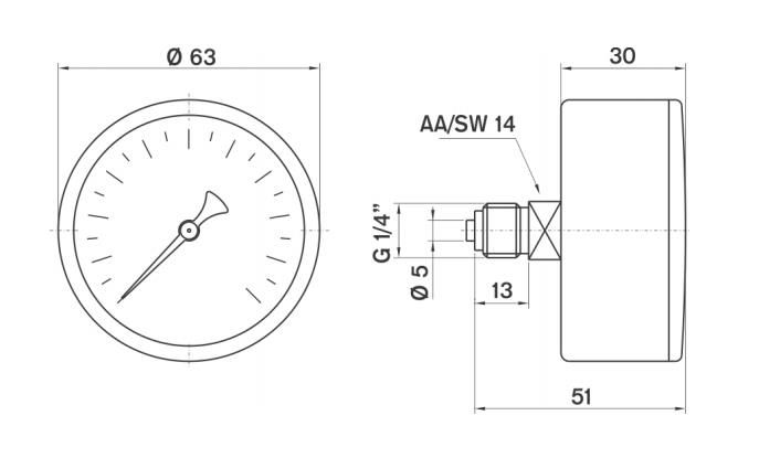 Pakkens 0-1 Bar 63 mm Arkadan Bağlantılı Kuru Manometre G 1/4 inç