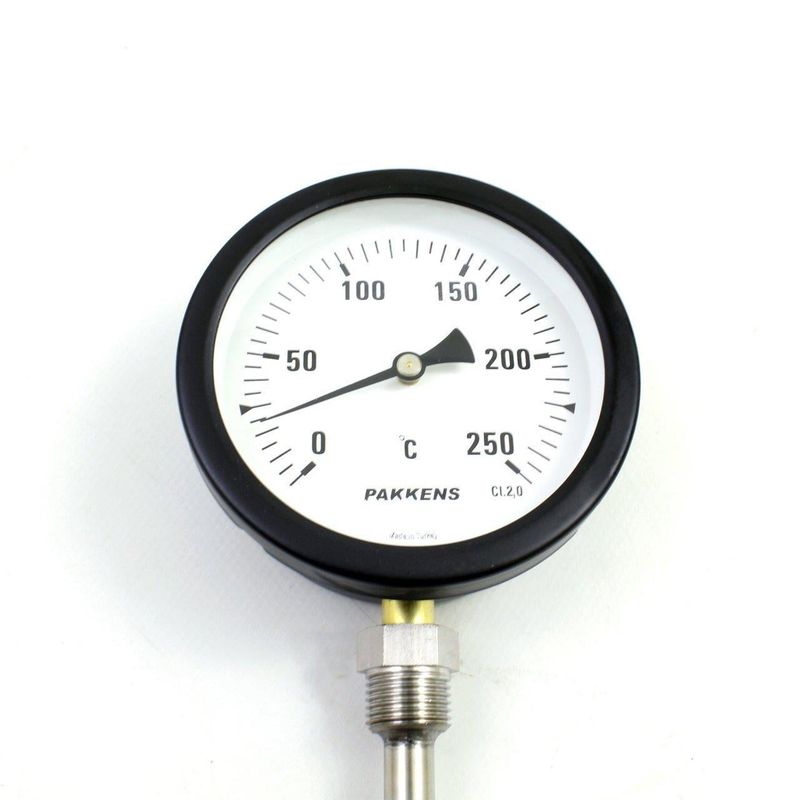 Pakkens Termometre 0-250 °C Çap 100 mm Daldırma Boyu 10 cm Alttan Bağlantılı G 1/2 inç